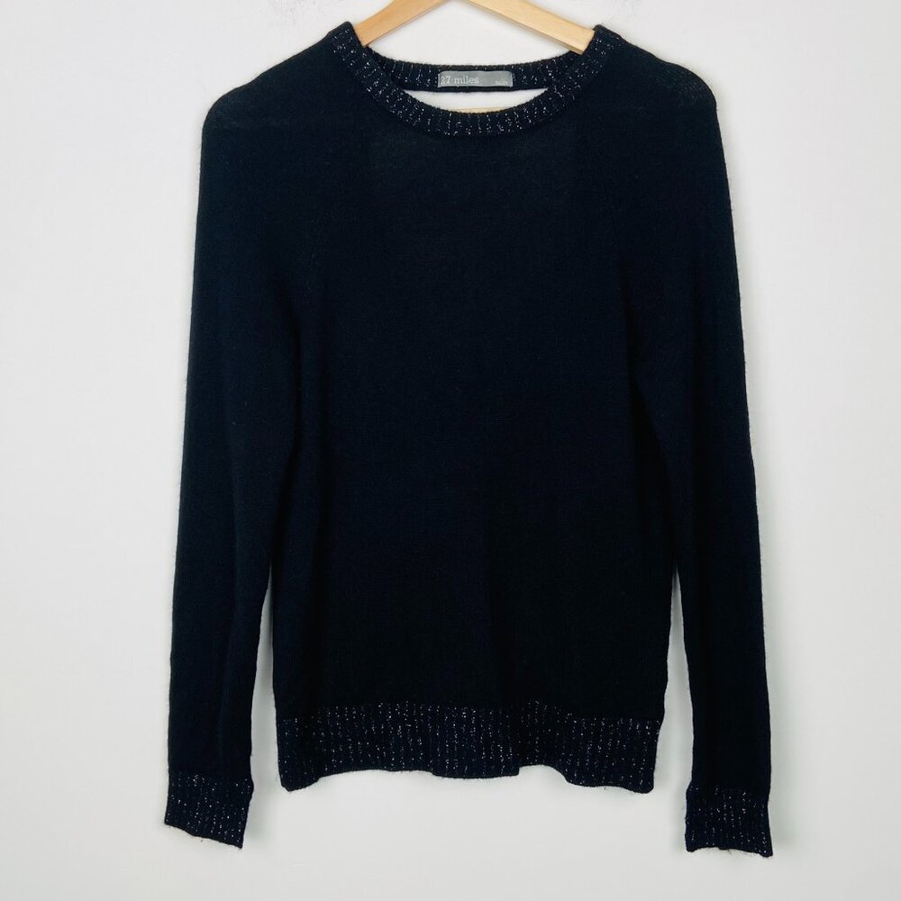 27 Miles Malibu Black Sparkle 100% Cashmere Open V-Back Cady Sweater, Size S**